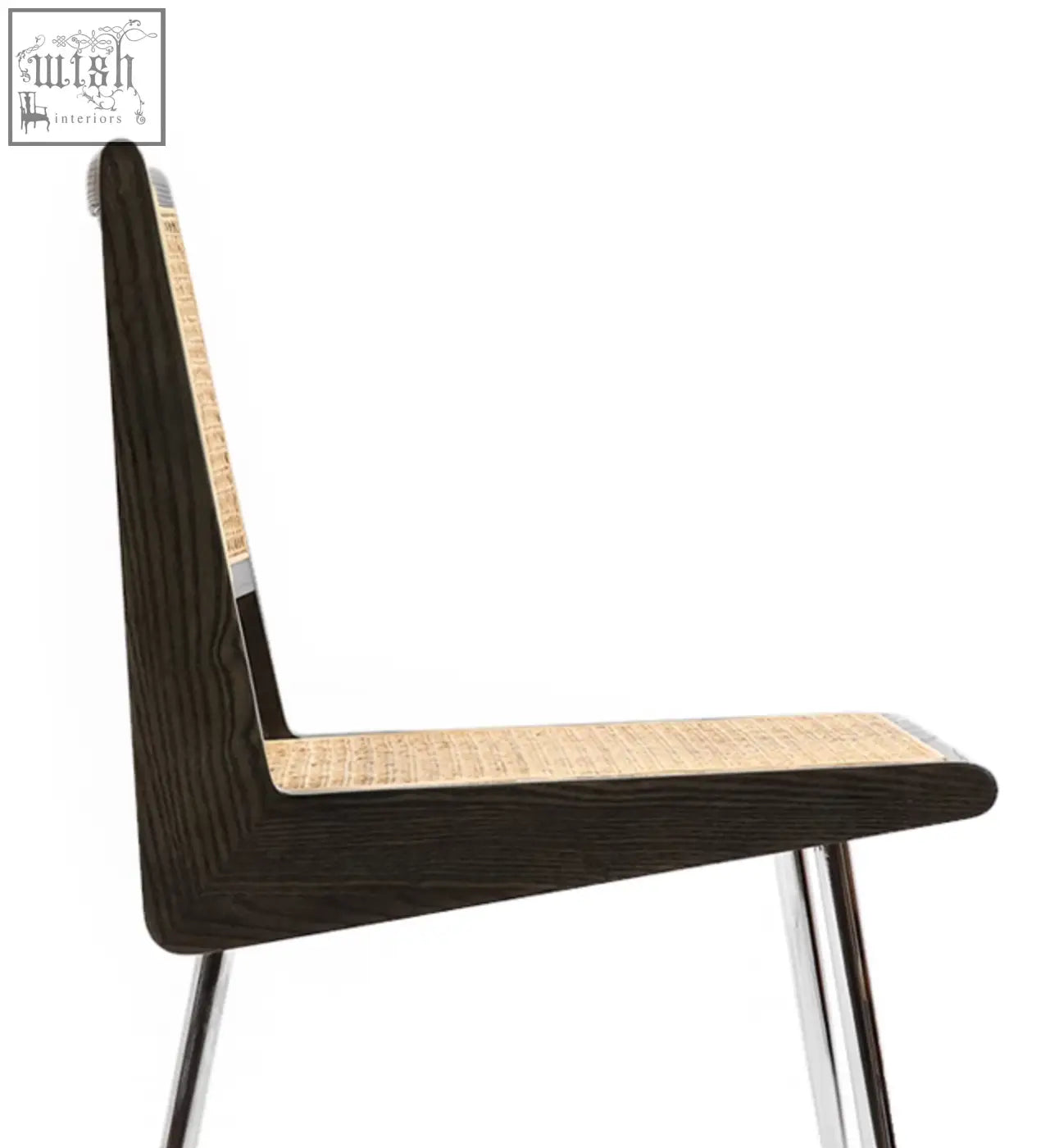 Dark wood framed dana rattan dining chair with woven cane seat and back and sleek chrome legs perfect for dining rooms
