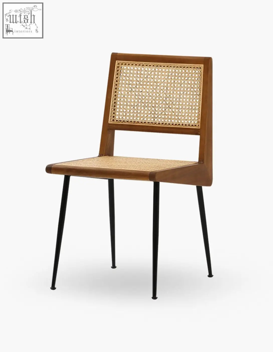 Dana rattan dining chair with a warm brown wooden frame and black metal legs perfect for stylish dining chairs