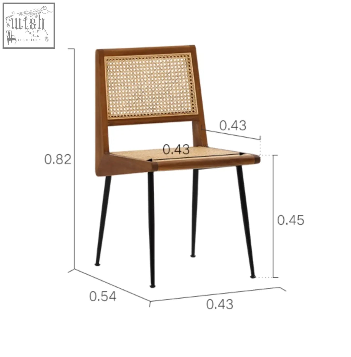 Mid-century modern dana rattan dining chair with warm brown wooden frame woven cane seat and black metal legs