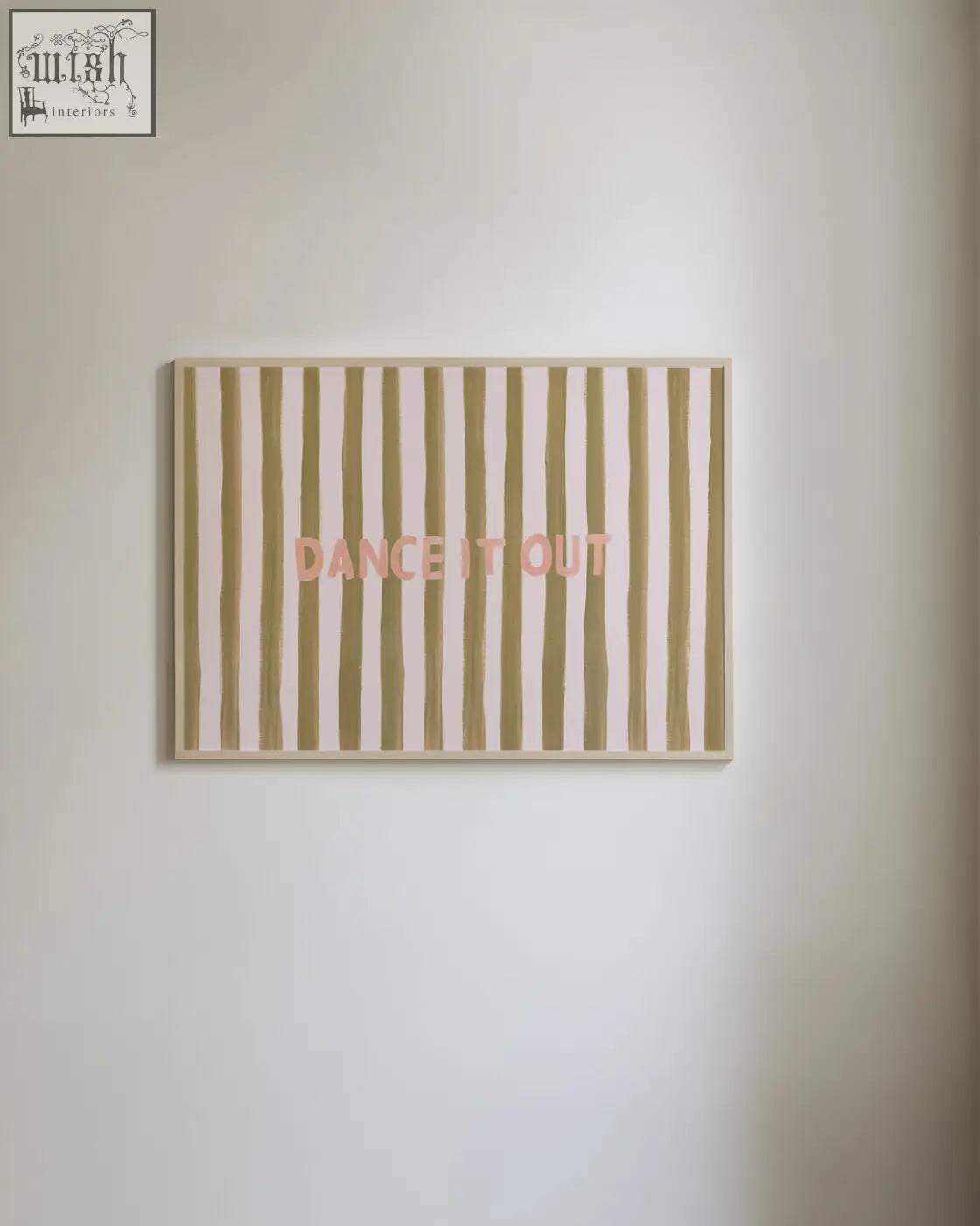 Dance it out art print with beige and pale pink stripes and soft pink lettering in a rectangular canvas design