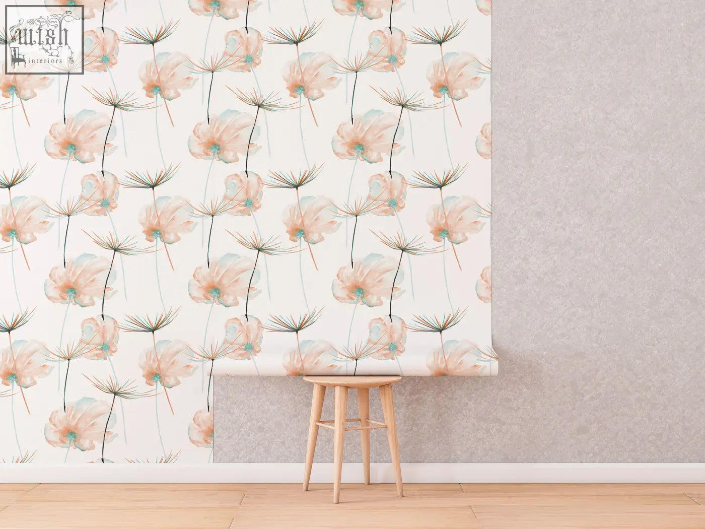 Pastel pink and teal dandelion flowers peel and stick removable wallpaper on traditional paper for living space ordering process