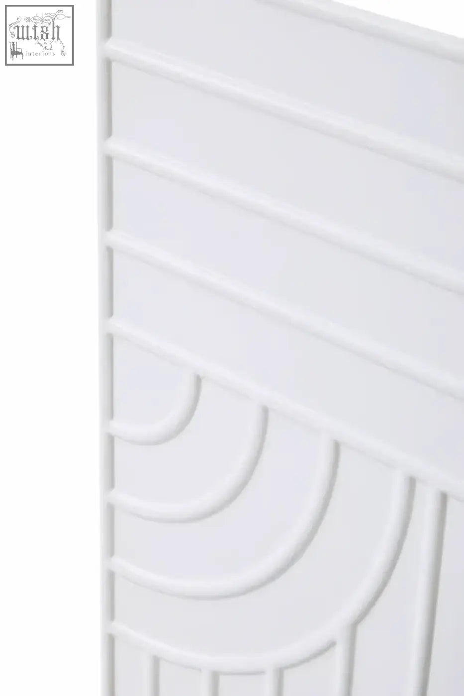 Off-white wall mirror with a white plastic panel featuring raised horizontal lines and concentric curved grooves