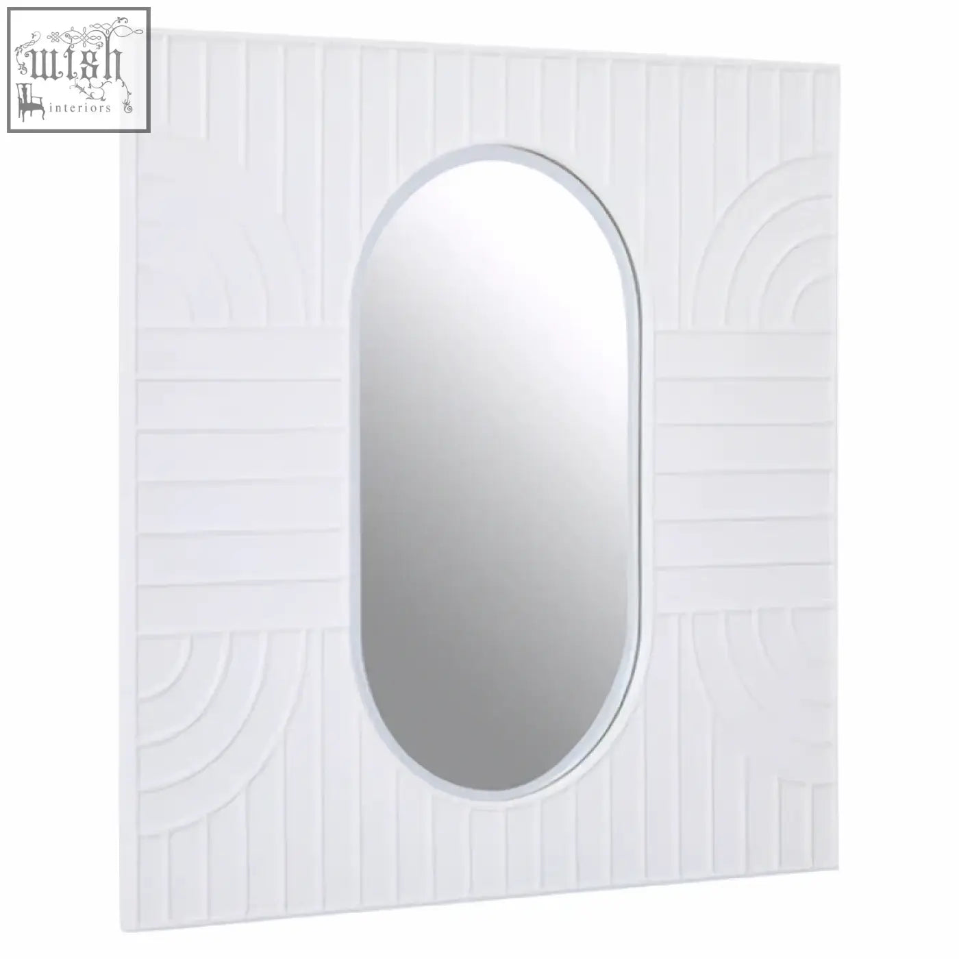 White rectangular off-white wall mirror with oval reflective center and textured geometric patterned frame