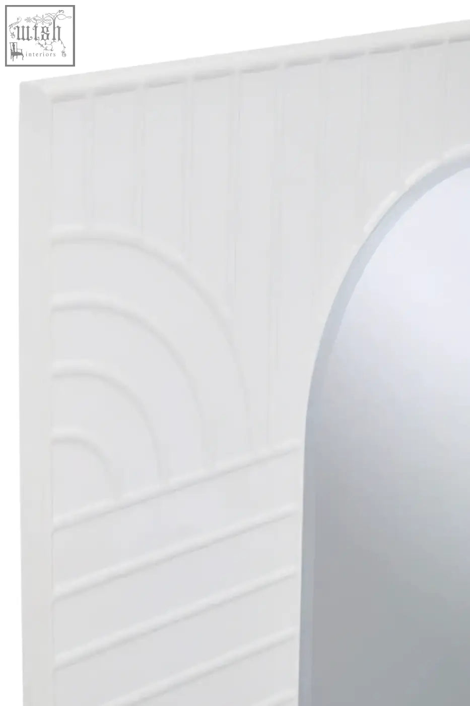 Off-white wall mirror with white textured wall panel and curved arch design in danta off white wall mirror