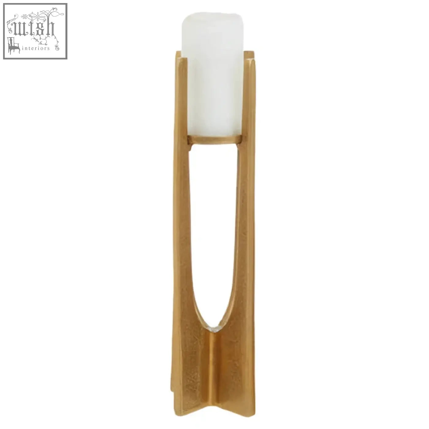 Dante large gold finish candle holder with a gold-toned modern design holding a white cylindrical candle inside