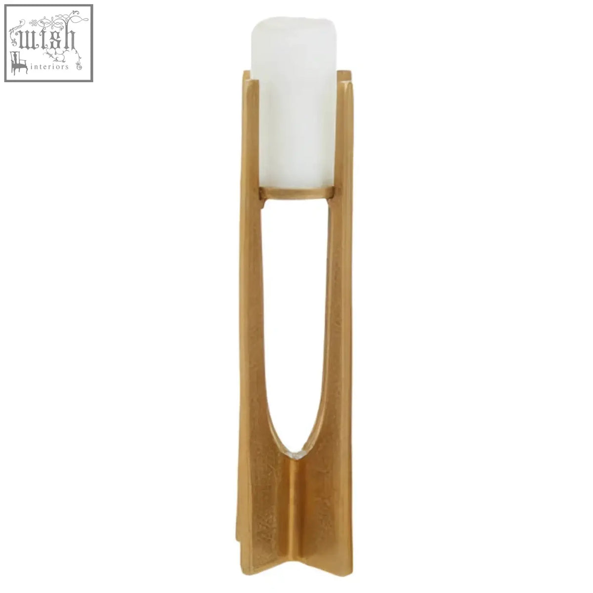 Dante large gold finish candle holder with a gold-toned modern design holding a white cylindrical candle inside