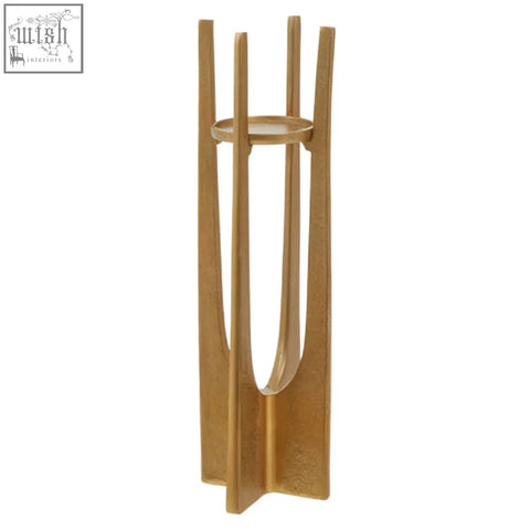 Dante large gold finish candle holder with slender gold-toned metal bars and circular platform for candles