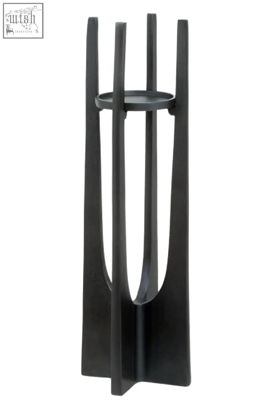 Black metal umbrella stand with sleek modern design and vertical slats shown with large grey pillar candles candle holder