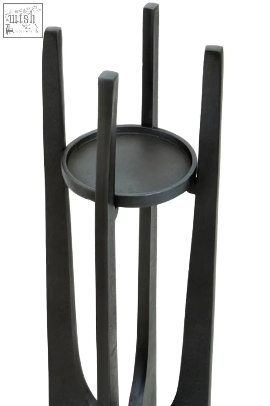 Black metal candle holder with slender curved legs and large grey finish perfect for pillar candles