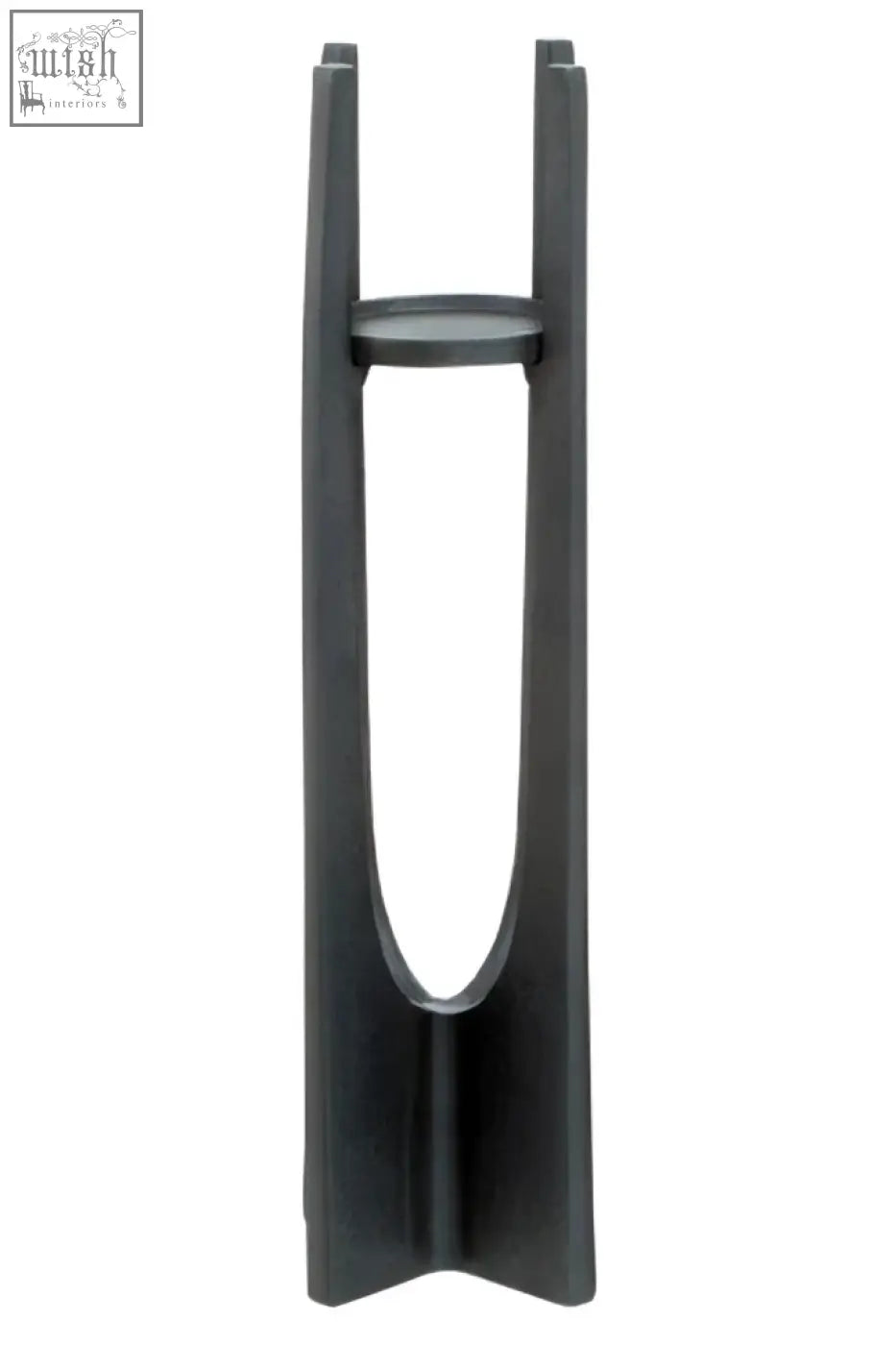 Large grey metal candle holder with u-shaped stand and circular platform for pillar candles