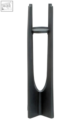 Large grey metal candle holder with u-shaped stand and circular platform for pillar candles