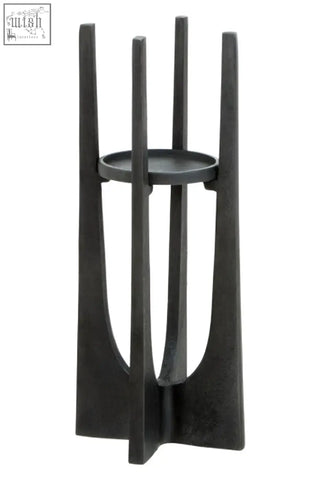 Black metal dante small washed grey finish candle holder with slender vertical supports and a circular base