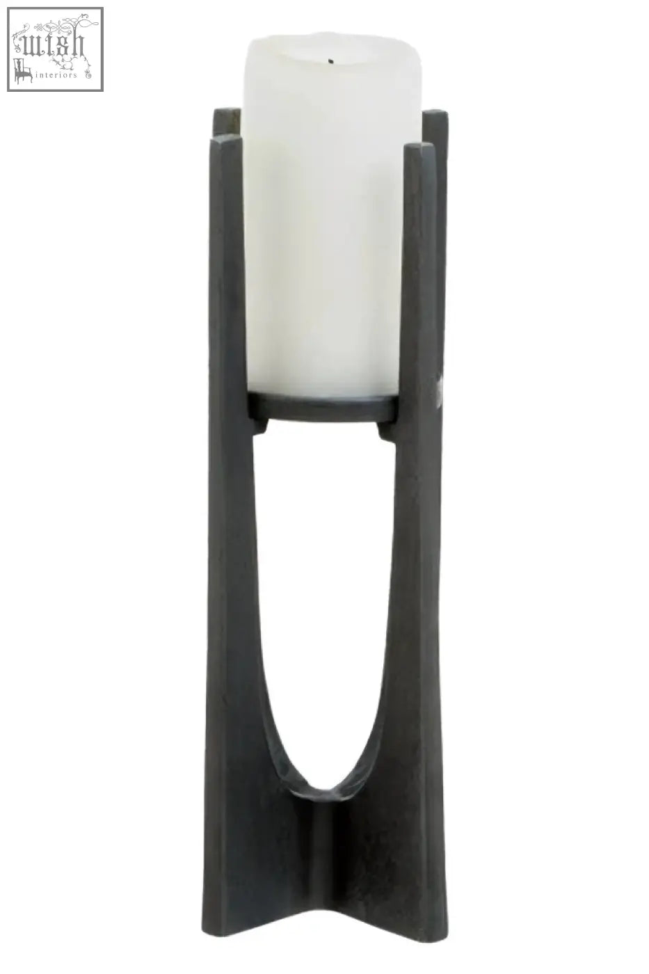 Black metal dante small washed grey finish candle holder with white cylindrical candle in open modern design