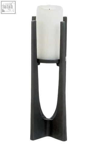 Black metal dante small washed grey finish candle holder with white cylindrical candle in open modern design