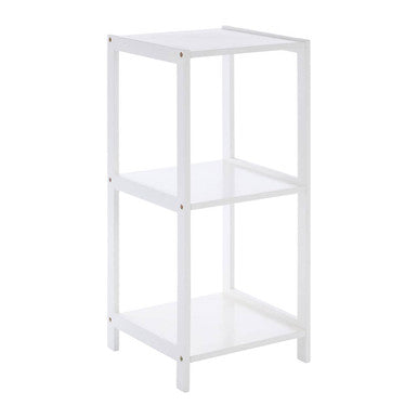 White three-tiered rustic bathroom shelf with minimalist design and clean lines perfect for organizing toiletries