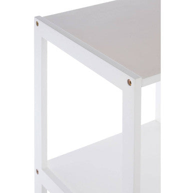White two-tiered bathroom shelf with rustic wood design and metallic corner fasteners for sleek storage