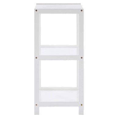White wooden dara 3 tier rustic bathroom shelf with three open shelves and visible screws at each corner