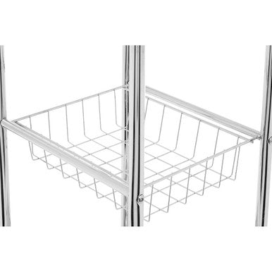 Chrome finished wire mesh drawer basket with rectangular grid and vertical supports in dara 5 tier chrome shelf unit