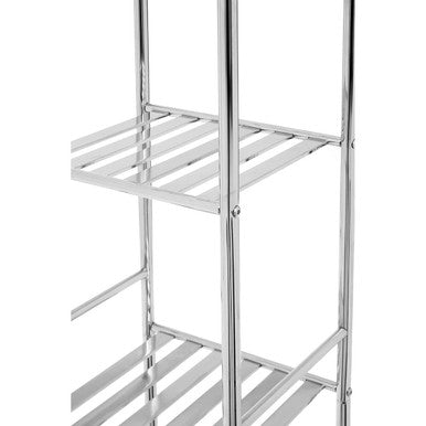 Chrome finished metal shelf unit with three slatted tiers perfect for organized storage in any room