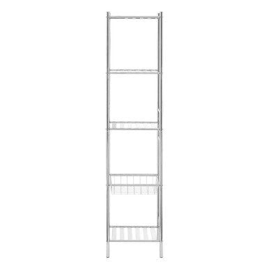 Silver chrome finished metal shelf unit with four tiers and wire mesh basket on the third shelf dara 5 tier chrome shelf unit