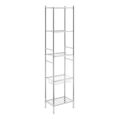 Dara 5 tier chrome shelf unit with basket features a silver chrome metal frame and a wire basket on the third shelf