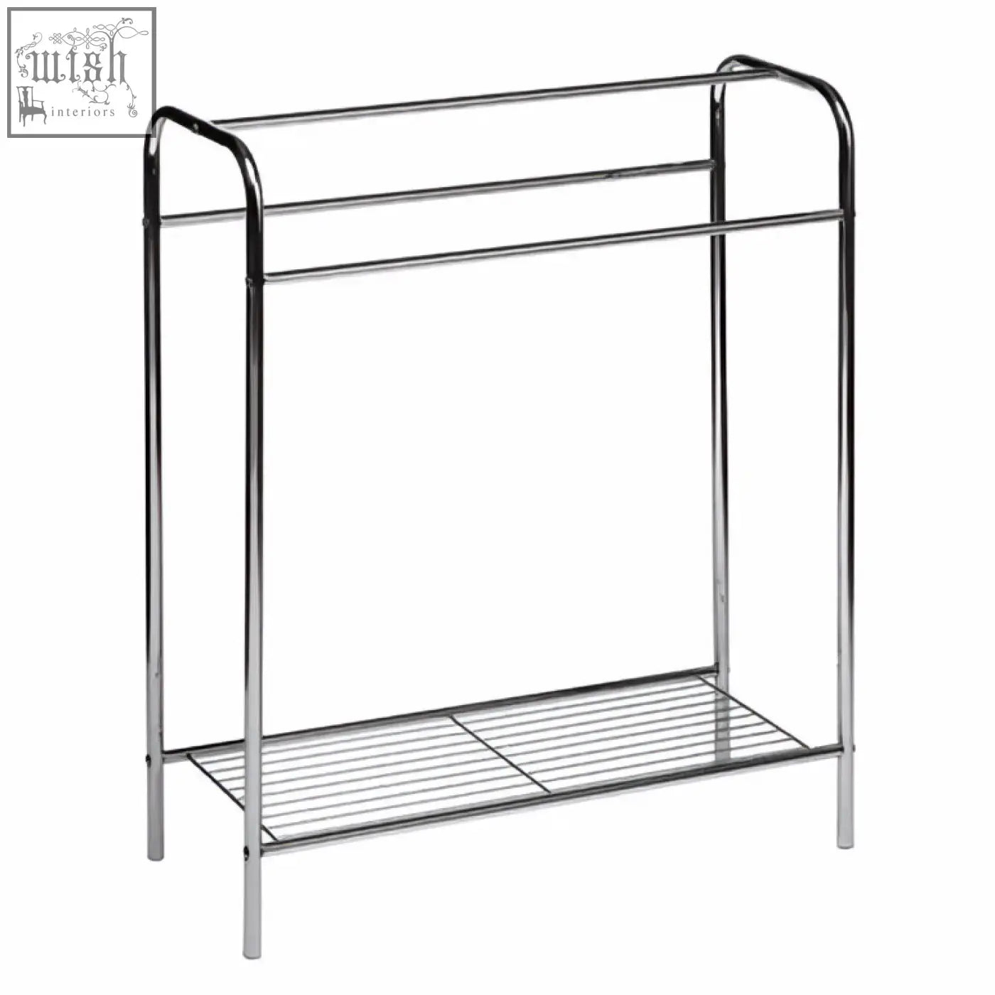 Dara floor standing towel stand with chrome finish metal bars and wire mesh shelf for handy floor standing towel storage