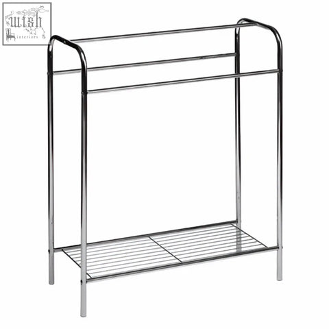 Dara floor standing towel stand with chrome finish metal bars and wire mesh shelf for handy floor standing towel storage