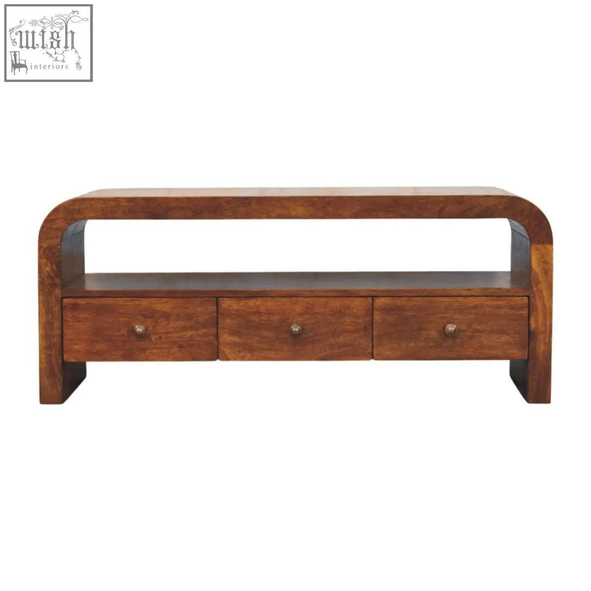 Brown solid mango wood darcy 3-drawer open shelf chestnut chest of drawers with curved top and spacious drawers