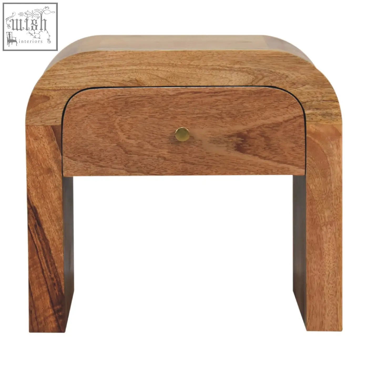 Curved darcy bedside table in solid mango wood with single drawer and brass knob perfect as a bedside table