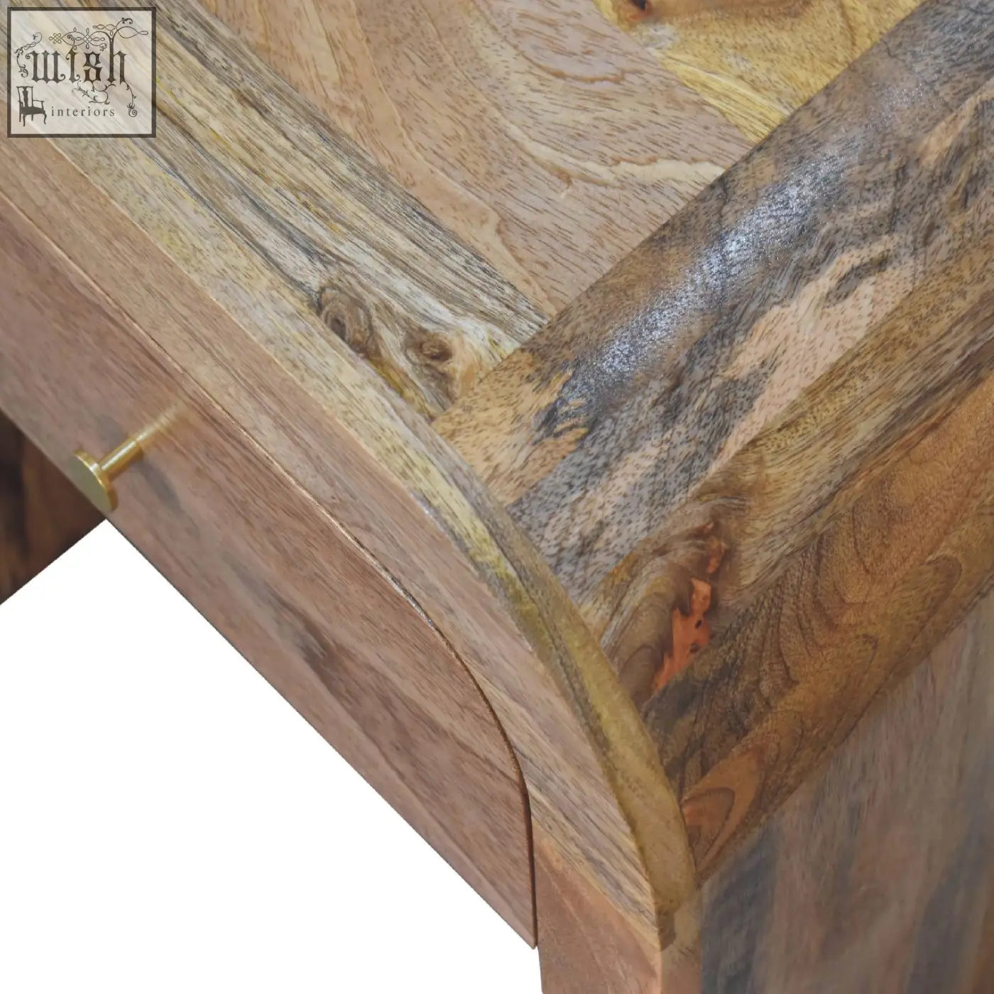 Rustic darcy bedside table with solid mango wood grain finish and brass drawer pull for stylish bedside storage