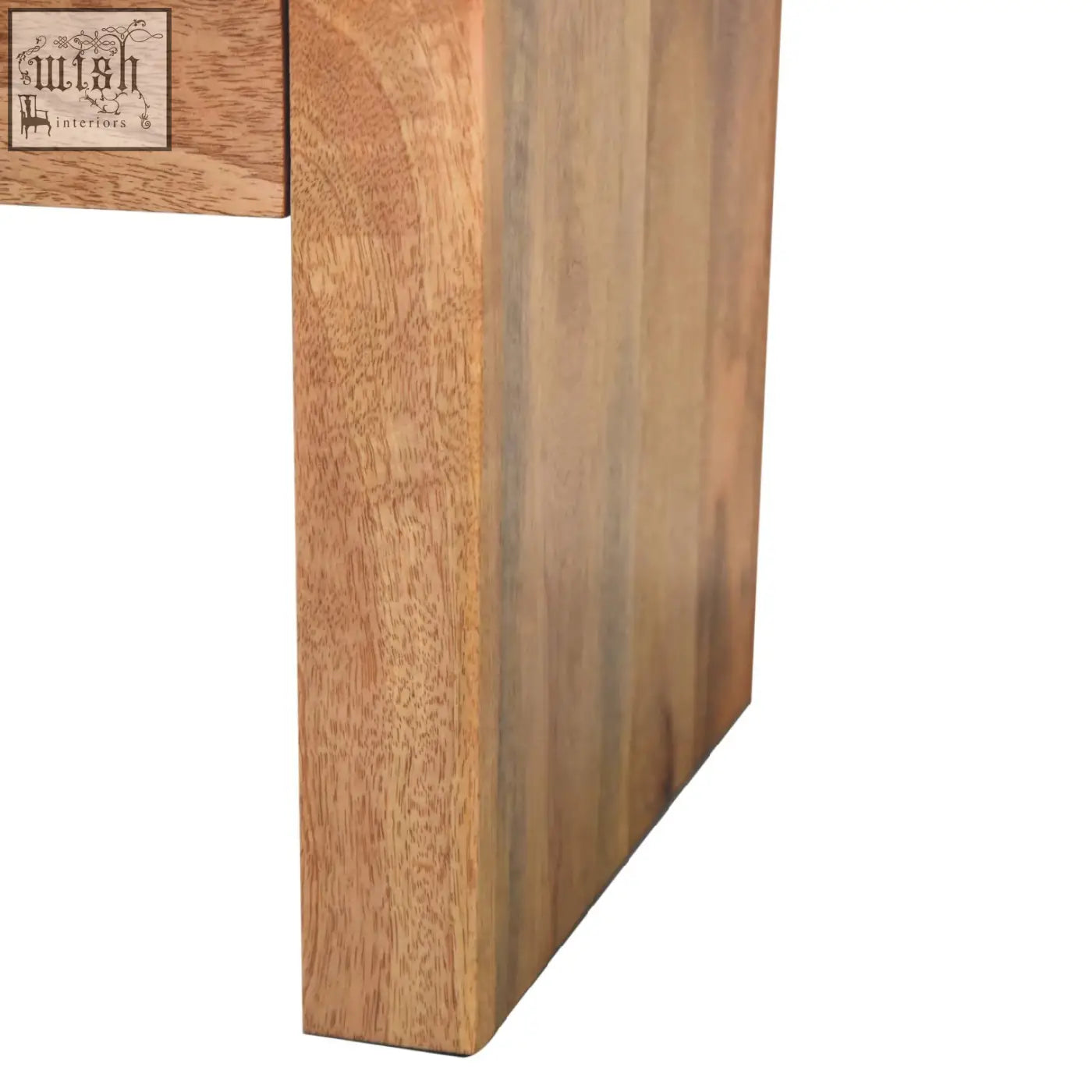 Solid mango wood darcy bedside table leg with natural light brown finish and visible grain patterns