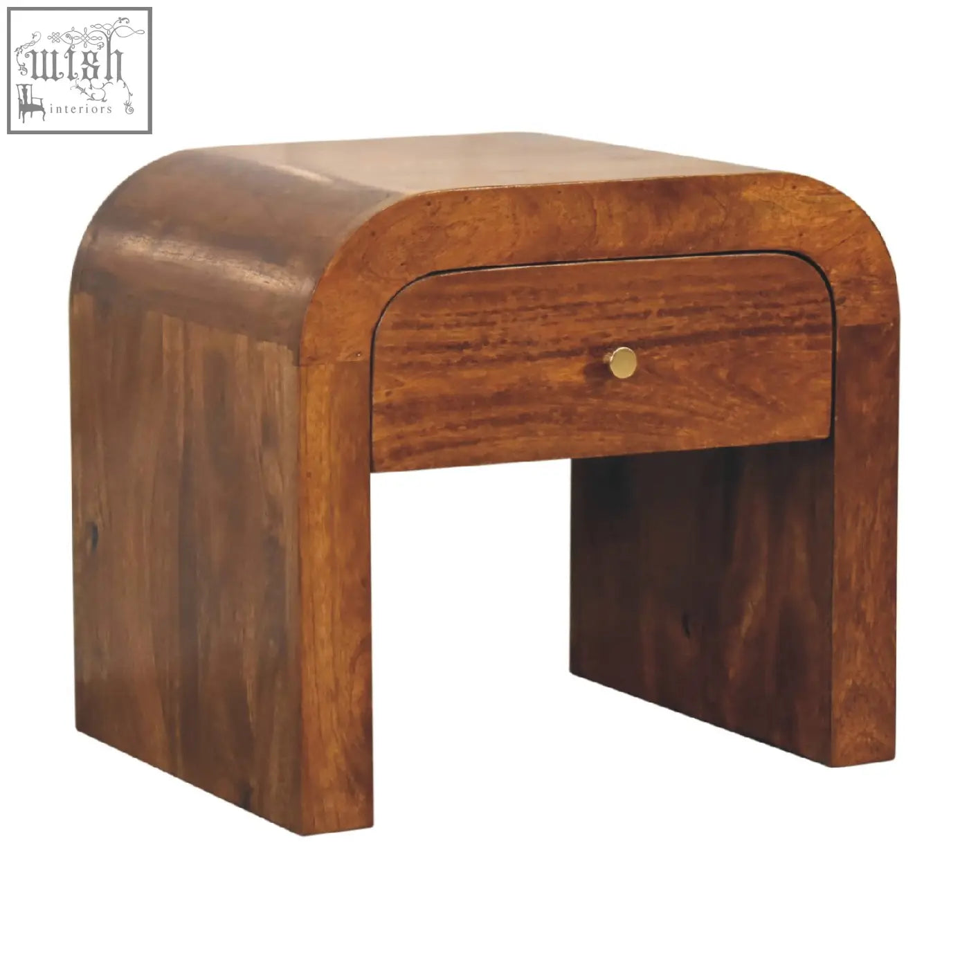 A sleek arched wooden darcy chestnut bedside table with a single drawer and brass knob for stylish storage