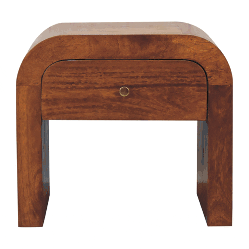 Sleek curved wooden nightstand with rich brown finish and metal handle drawer darcy chestnut bedside table