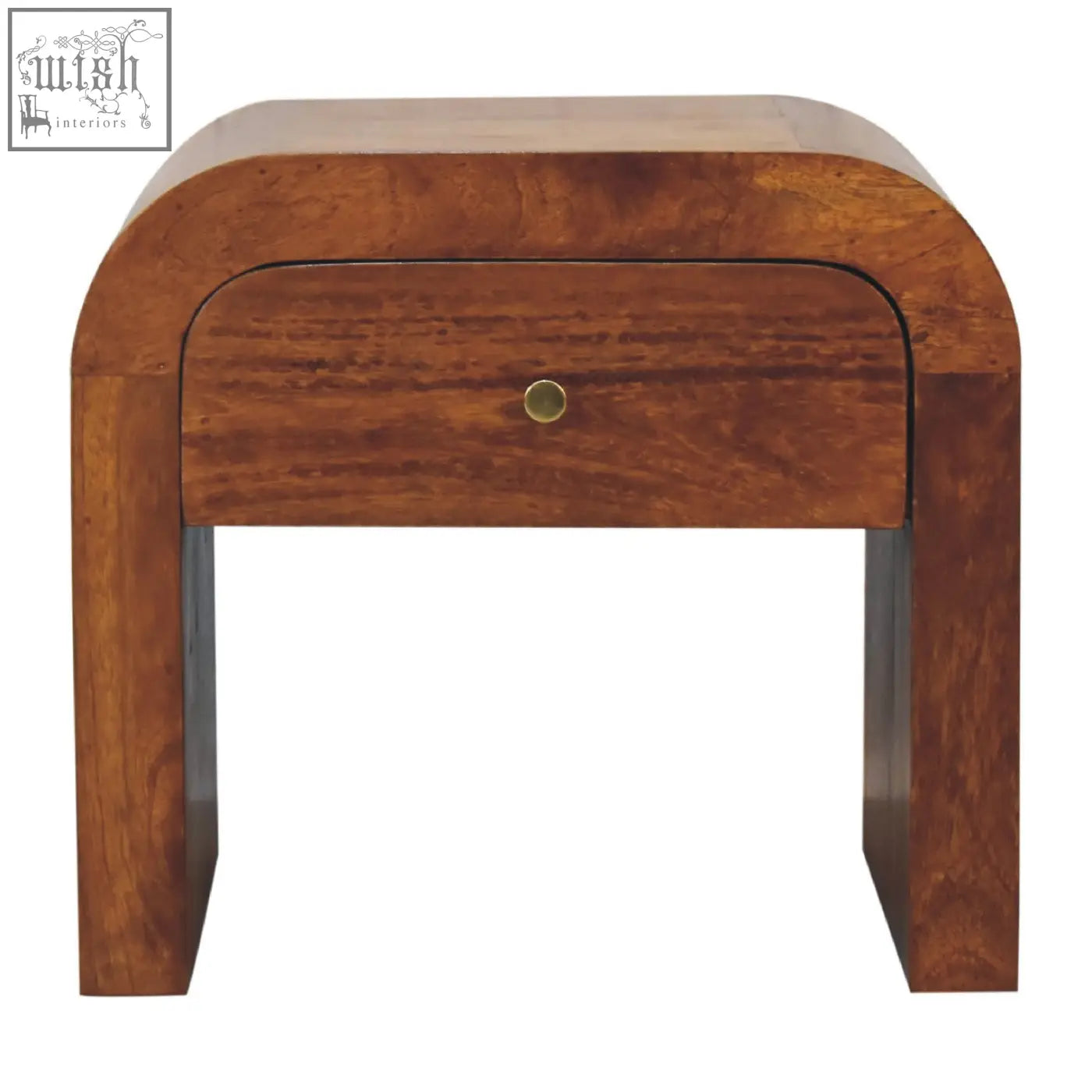 A sleek curved wooden darcy chestnut bedside table with a single drawer and brass knob for bedroom use