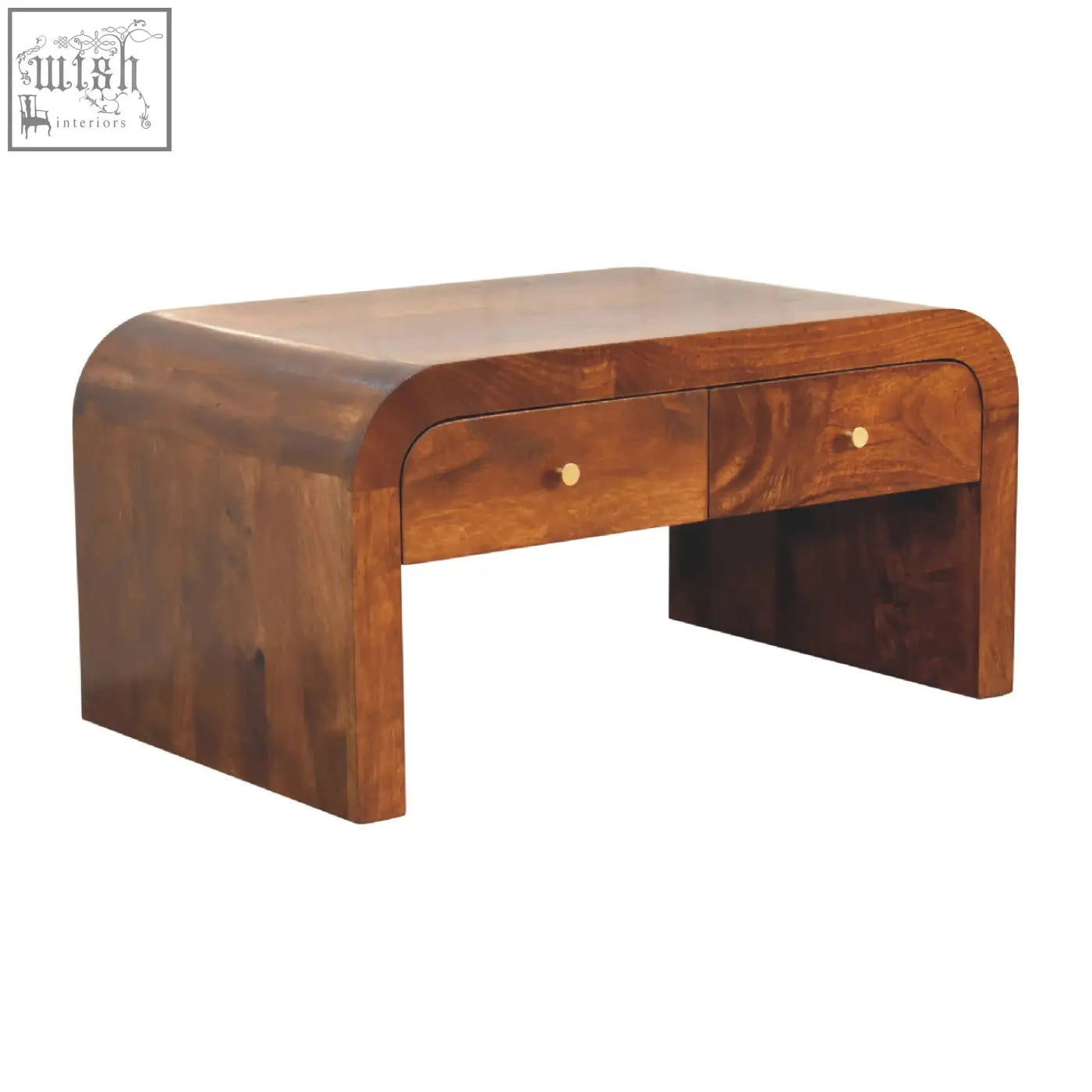 A sleek curved wooden darcy chestnut coffee table with two drawers and gold toned knobs for stylish storage