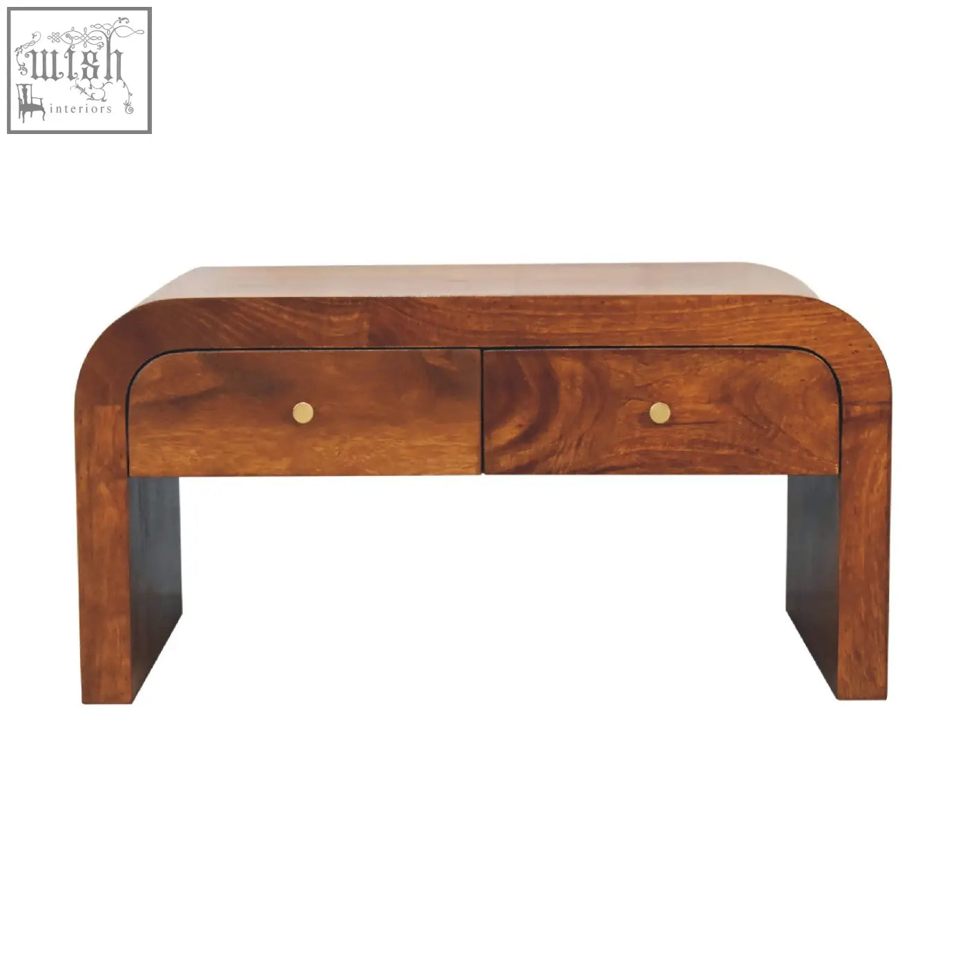 A sleek curved wooden darcy chestnut coffee table with two drawers and brass knobs for stylish storage