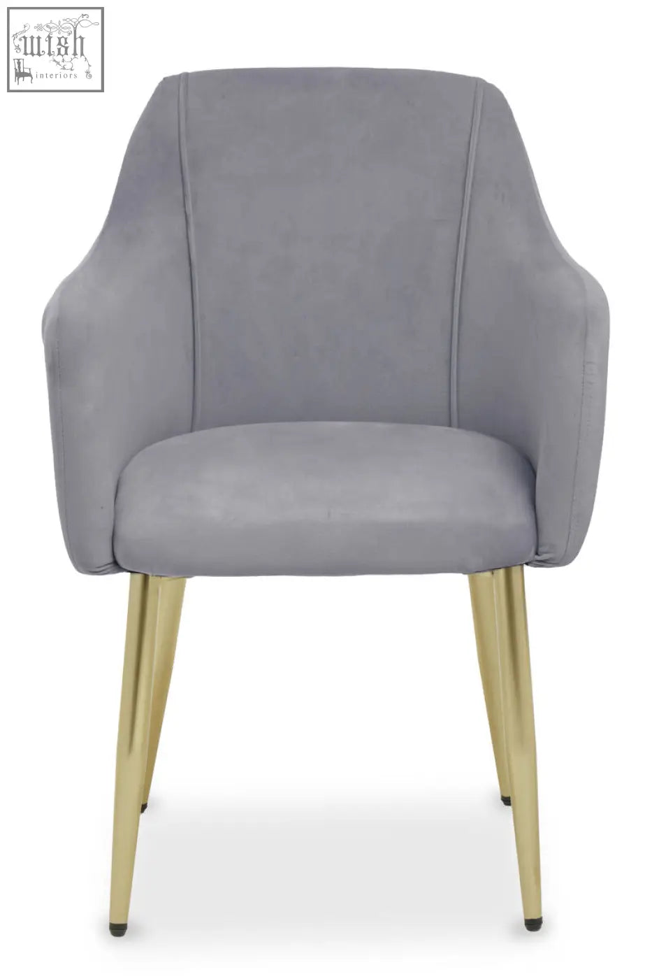 Darcy grey velvet dining chair with soft grey velvet upholstery and gold-tone metal legs perfect as a velvet dining chair