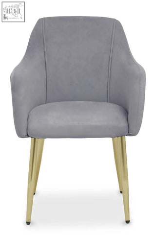 Darcy grey velvet dining chair with soft grey velvet upholstery and gold-tone metal legs perfect as a velvet dining chair