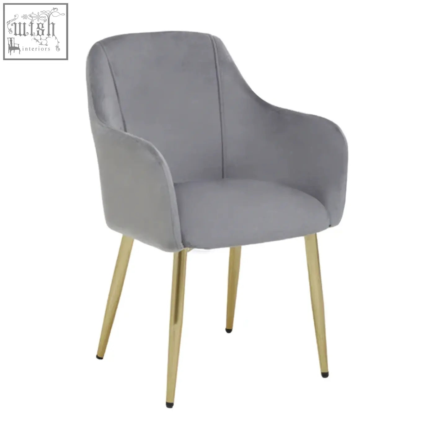 Darcy grey velvet dining chair with slender gold-tone metal legs and soft grey velvet upholstery for stylish dining