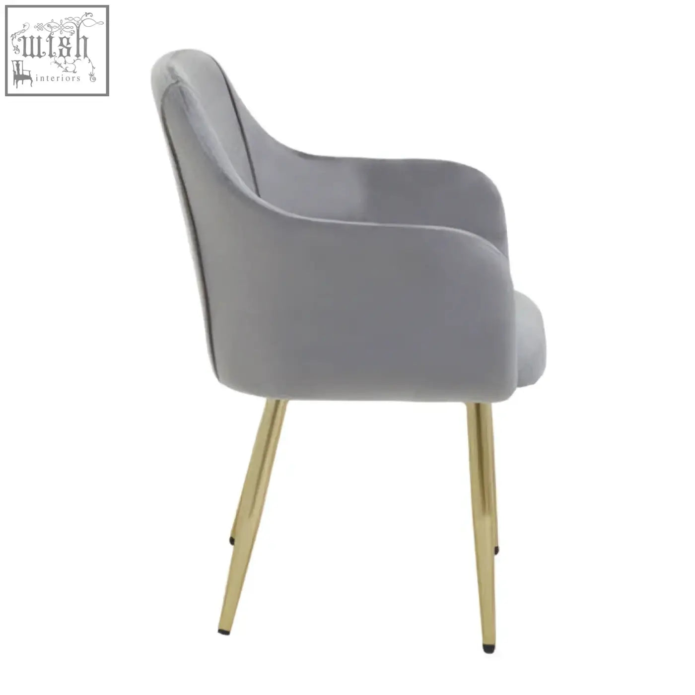 Darcy grey velvet dining chair with slim gold-tone metal legs and soft grey velvet upholstery for stylish dining rooms