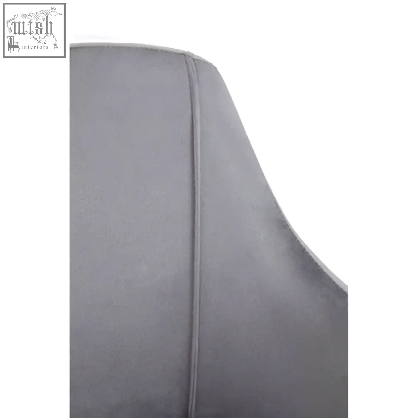 Back of darcy grey velvet dining chair with grey velvet upholstery and subtle vertical seam detail