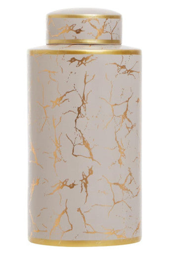 Daria large ceramic jar featuring a cylindrical porcelain tea canister with gold marble pattern and elegant golden rim accents
