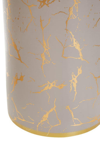 Daria large ceramic jar in gray with gold marble pattern and gold rim cylindrical candle holder design