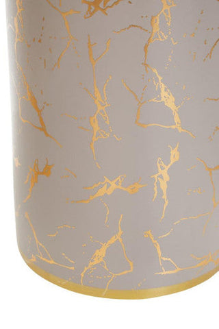 Daria large ceramic jar in gray with gold marble pattern and gold rim cylindrical candle holder design