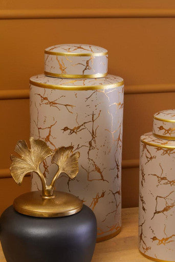 Daria large ceramic jar with white marble pattern gold accents and matching lid for stylish storage