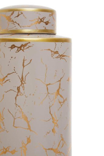 Daria large ceramic jar is a white ceramic tea canister with a gold rim and delicate gold crackle patterns