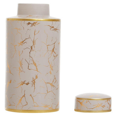 Daria large ceramic jar in white with gold marble patterns and matching lid, perfect for tea storage