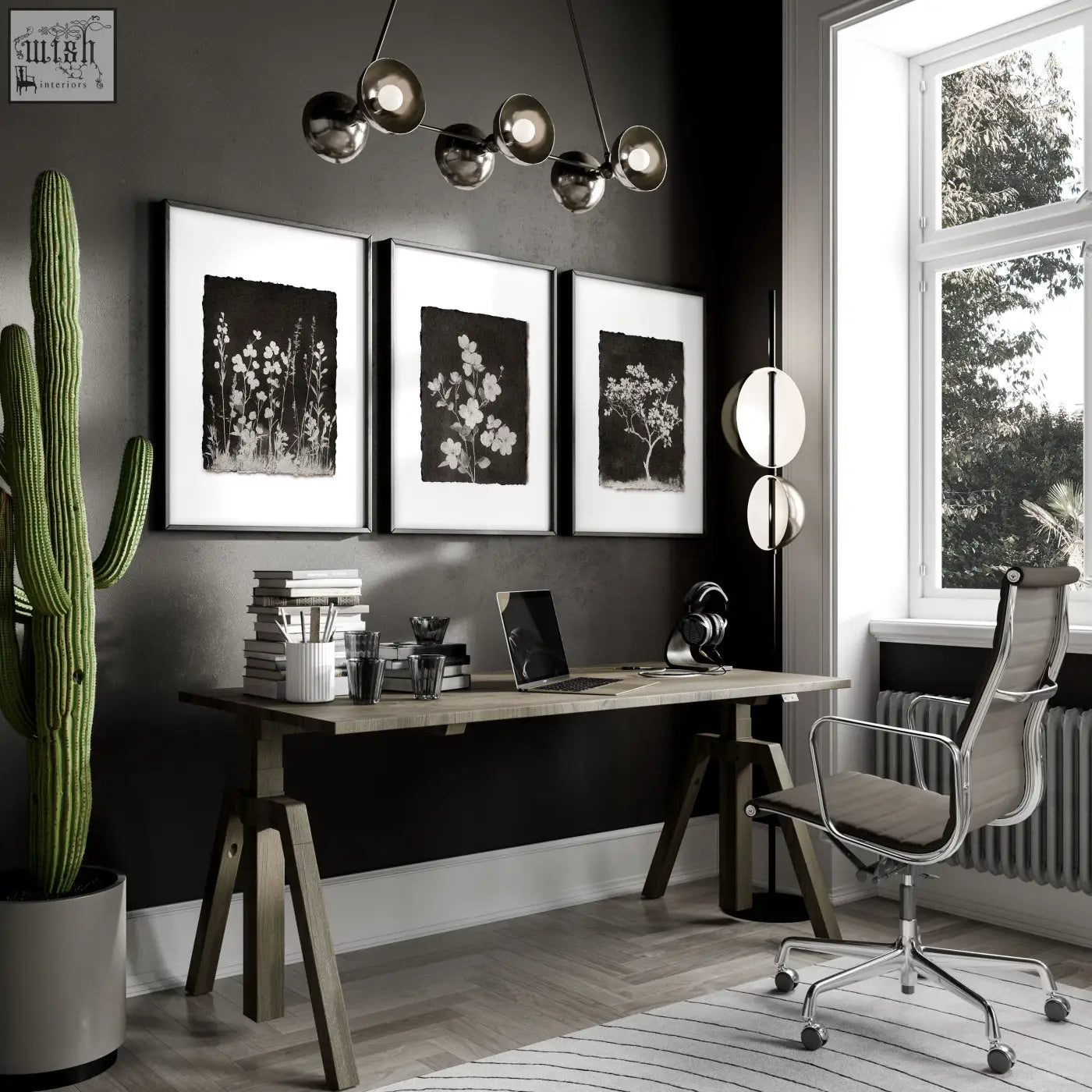 Modern black and white botanical wall art prints in white frames perfect for dark brown wall or brown wall art decor