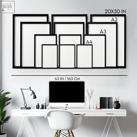 Set of 3 black minimalist picture frames arranged on a dark brown wall showcasing brown wall art prints of wildflowers and blossom trees