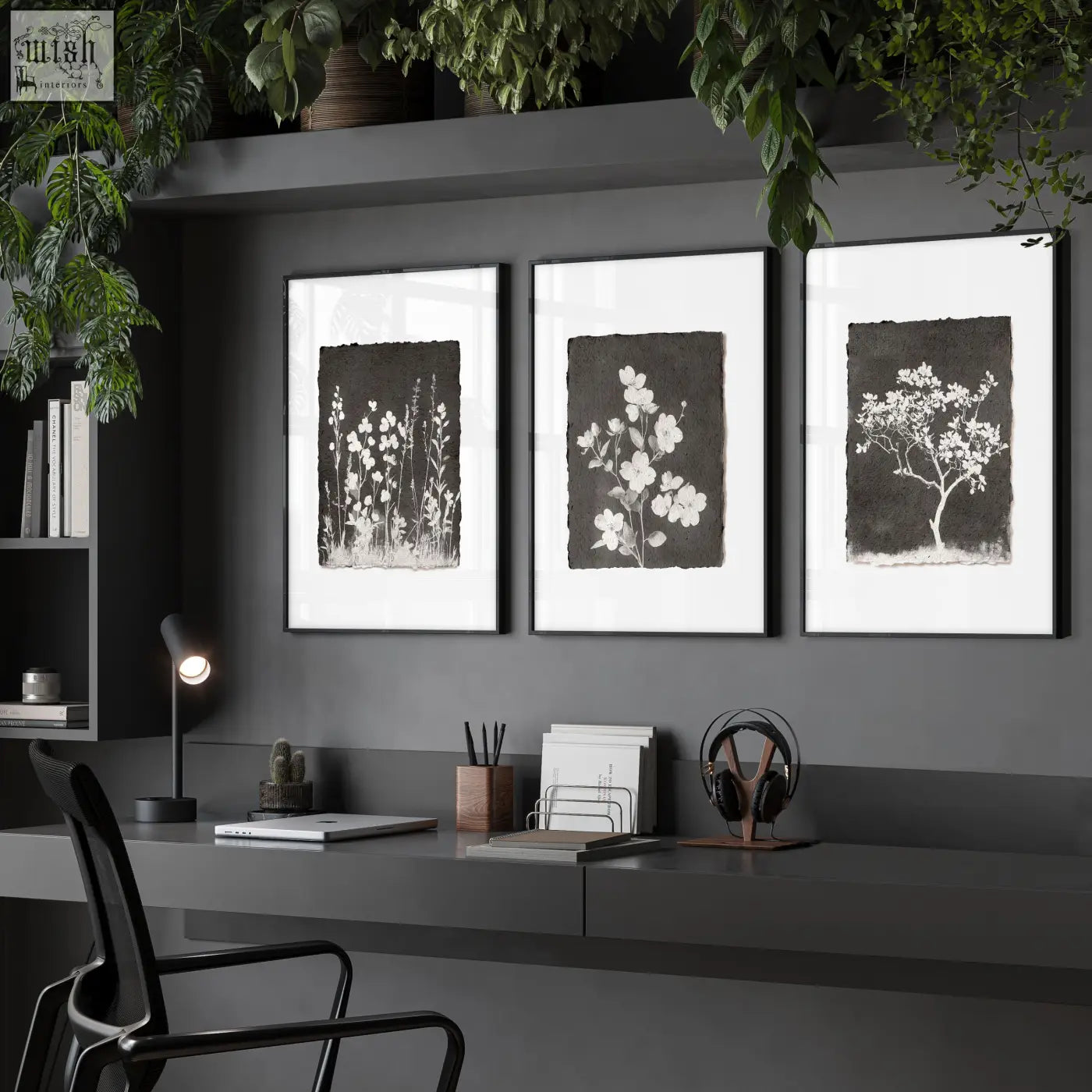 Three framed black and white botanical wall art prints with delicate floral designs on dark brown textured backgrounds